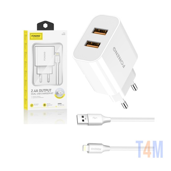 Carregador de Parede USB Rápido Foneng EU45 com Cabo iPhone 2,4A Branco